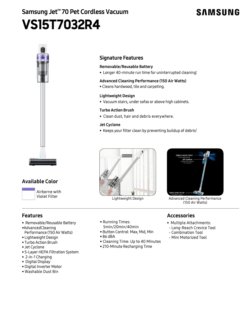 Page 1 of the manual Technical Sheet Samsung Jet 70