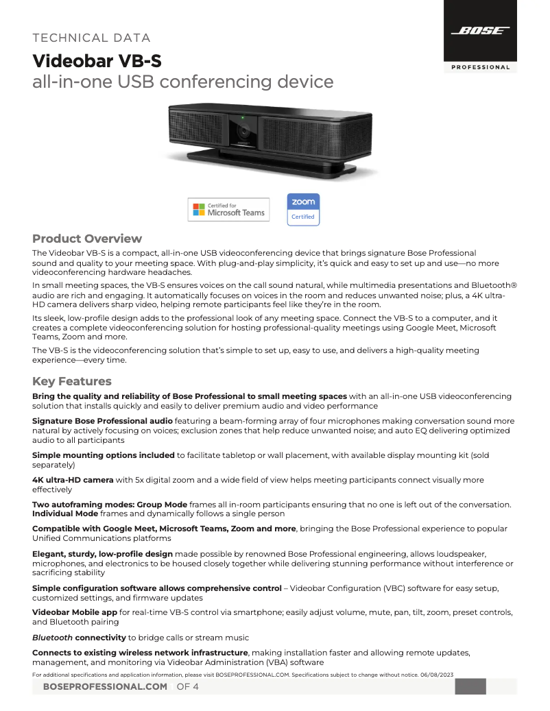 Page 1 of the manual Technical Sheet Bose Videobar VB-S