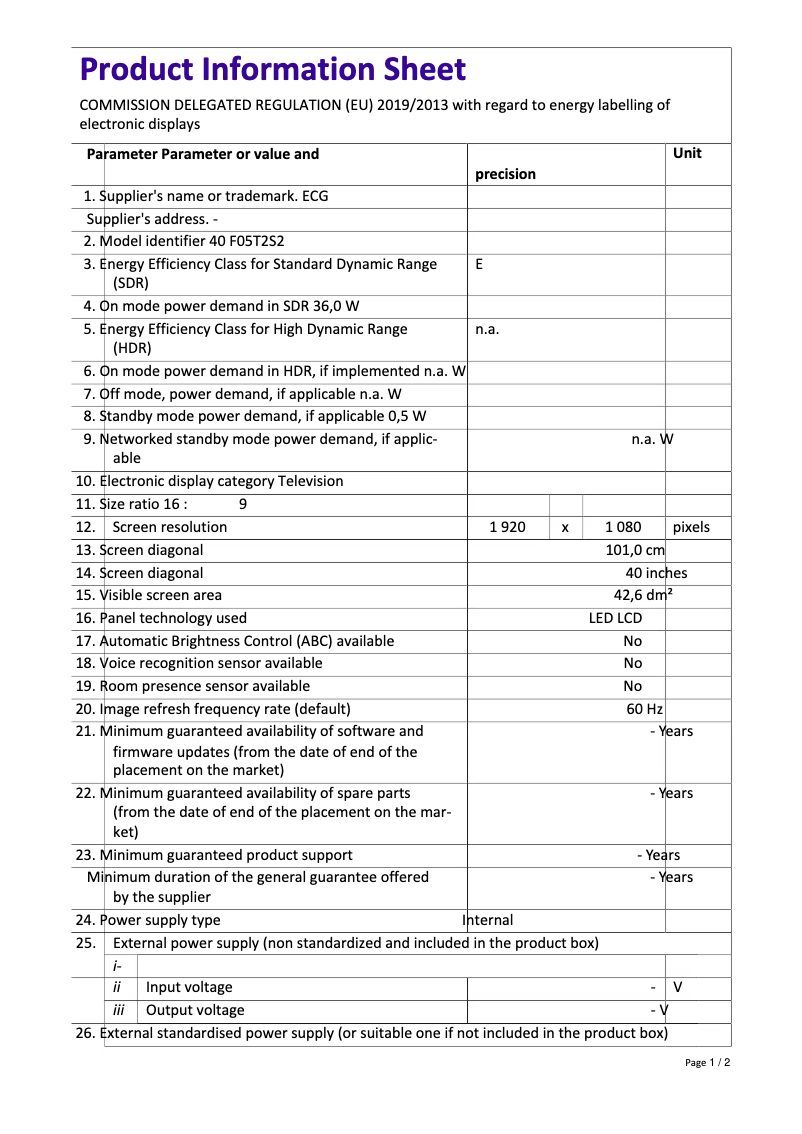 Page 1 of the manual Technical Sheet ECG 40 F05T2S2