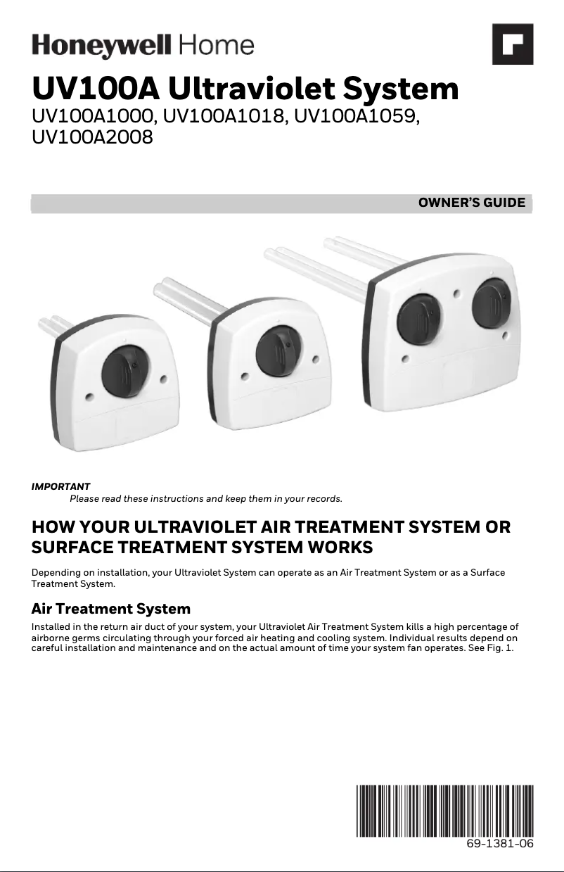 Page 1 of the manual User Manual Honeywell UV100E1043