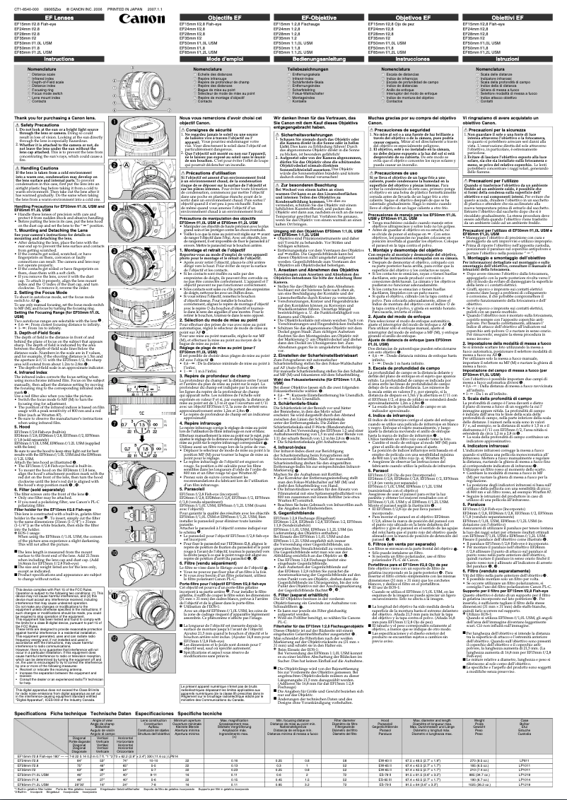 First page image of the manual for EF 15mm F2.8 Fisheye