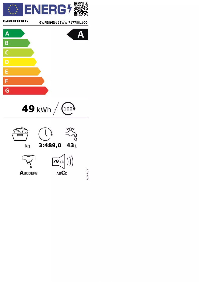 Page 1 of the manual Energy Label Grundig GWPE 89E6168 WW