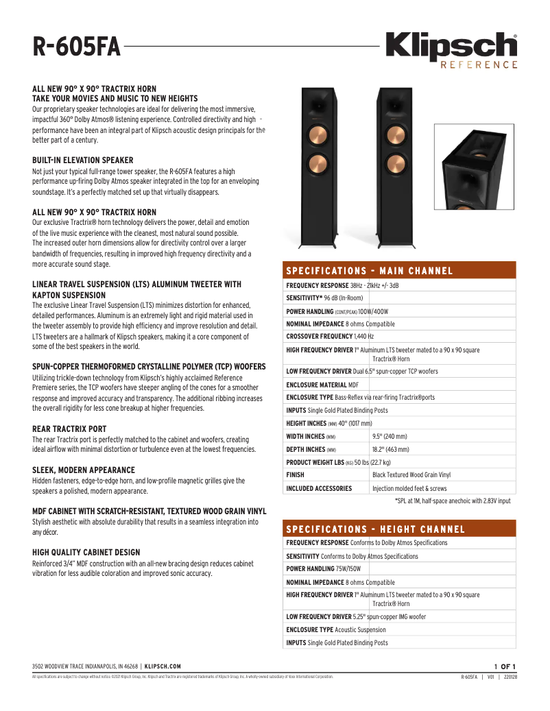 Page 1 of the manual Technical Sheet Klipsch R-605FA