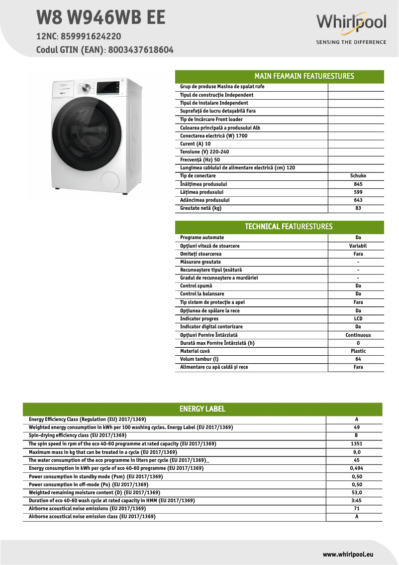 Page 1 of the manual Technical Sheet Whirlpool W8 W946WB EE