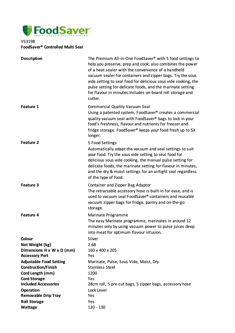 Page 1 of the manual Technical Sheet FoodSaver VS3198