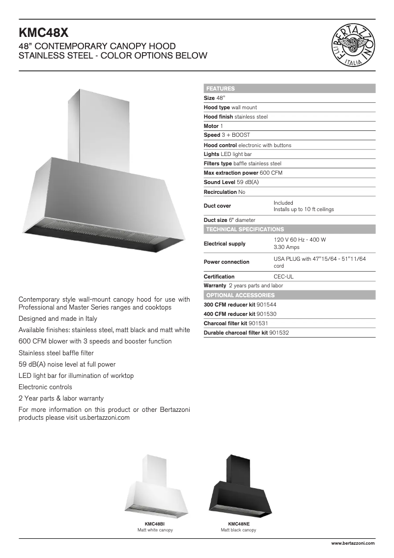 Page 1 of the manual Technical Sheet Bertazzoni KMC48X