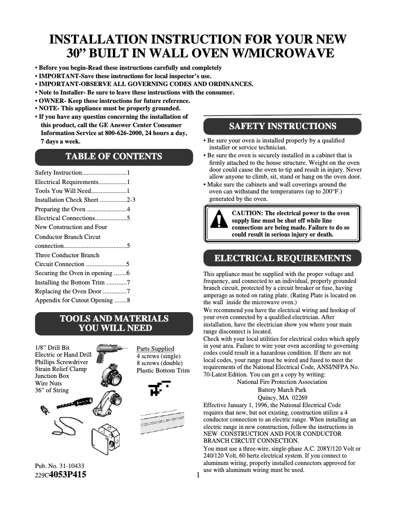 Page 1 of the manual Installation Guide GE Profile JTP95BDBB