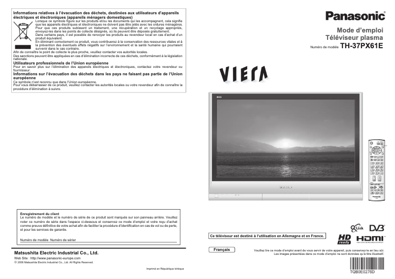 First page image of the manual for TH-37PX61E