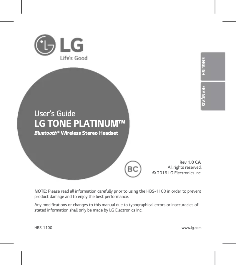 First page image of the manual for Tone Platinum