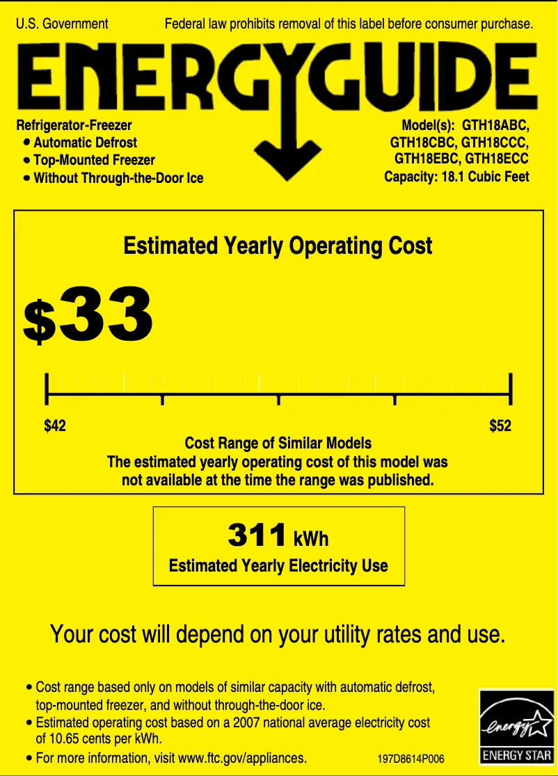 Page 1 of the manual Energy Label GE GTH18CCCRCC