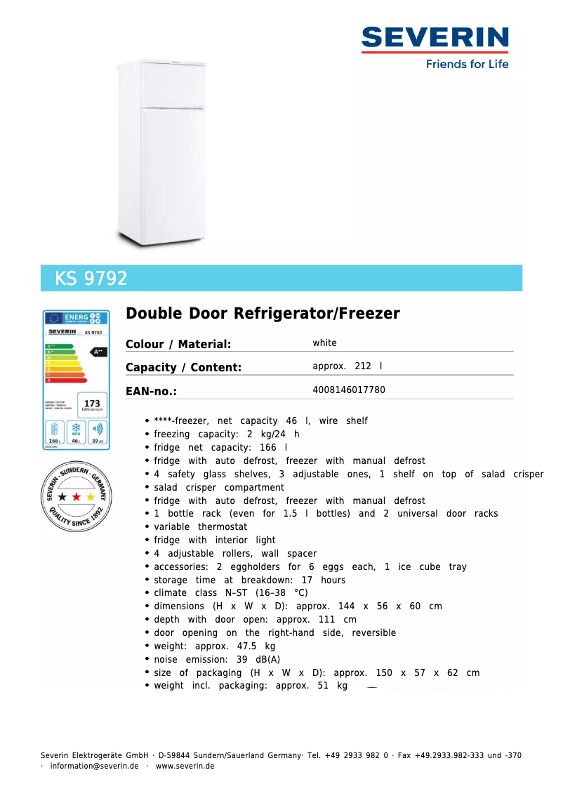 Page 1 of the manual Technical Sheet Severin KS9792