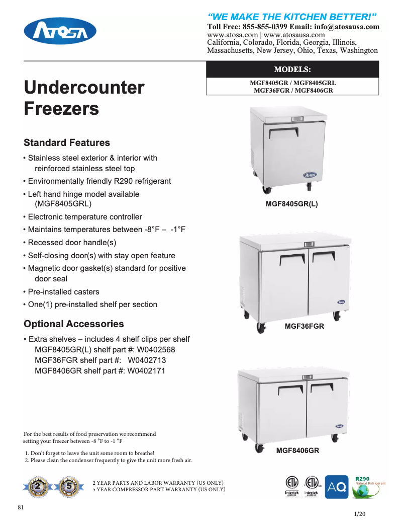 Page 1 of the manual Technical Sheet Atosa Commercial MGF8405
