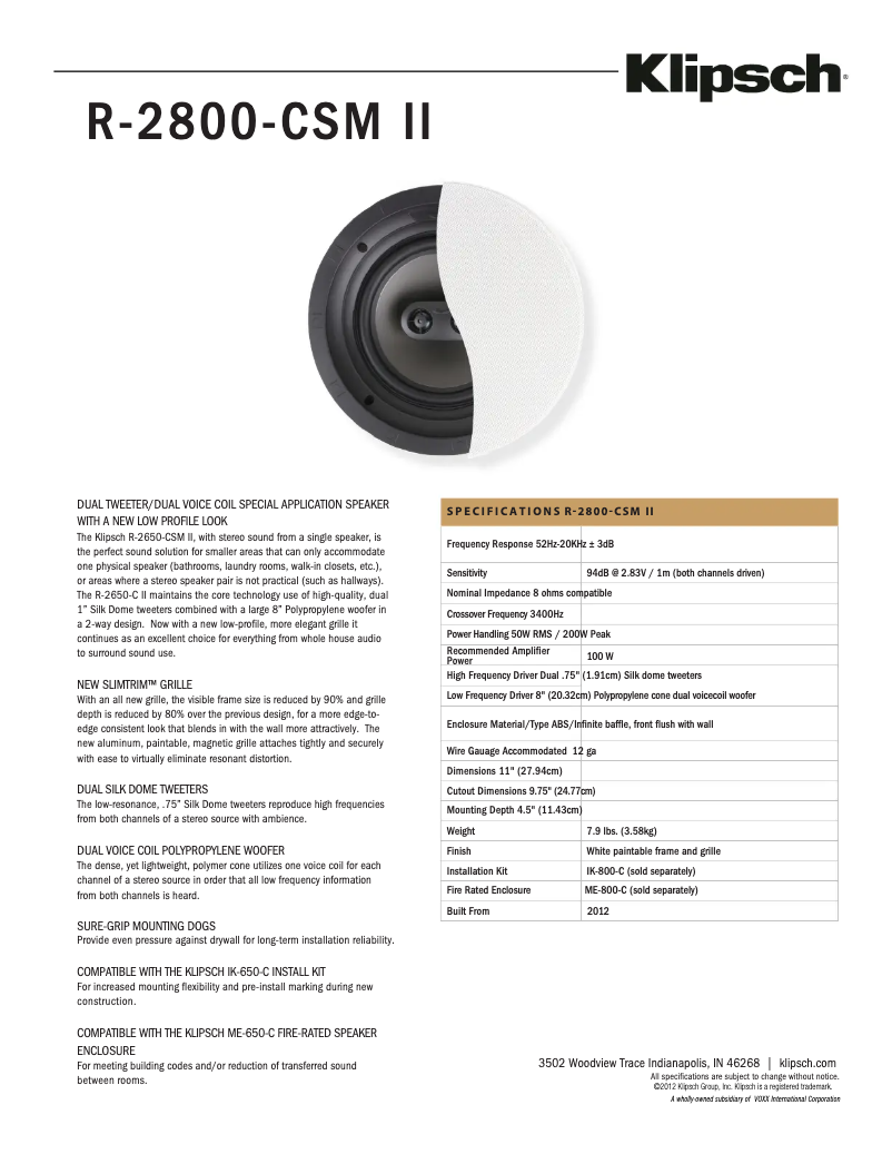 Page 1 of the manual Technical Sheet Klipsch Reference R-2800-CSM II