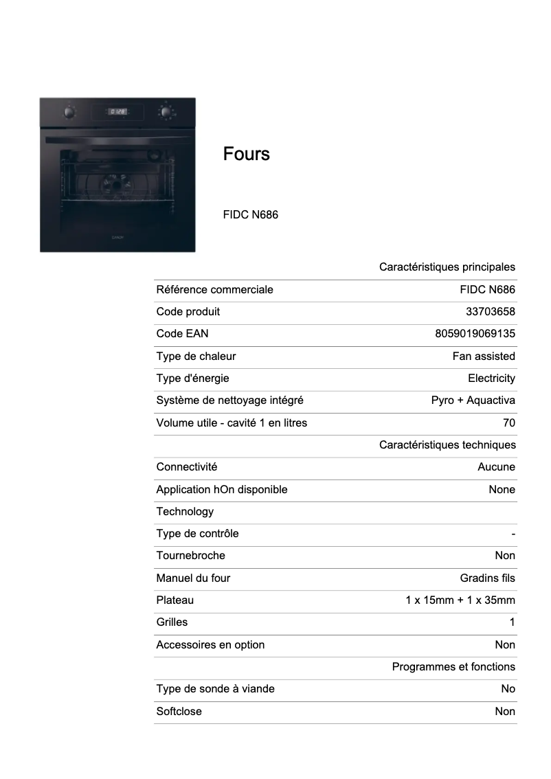 Page 1 of the manual Technical Sheet Candy FIDC N686