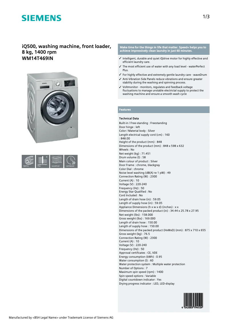 First page image of the manual for WM14T469IN