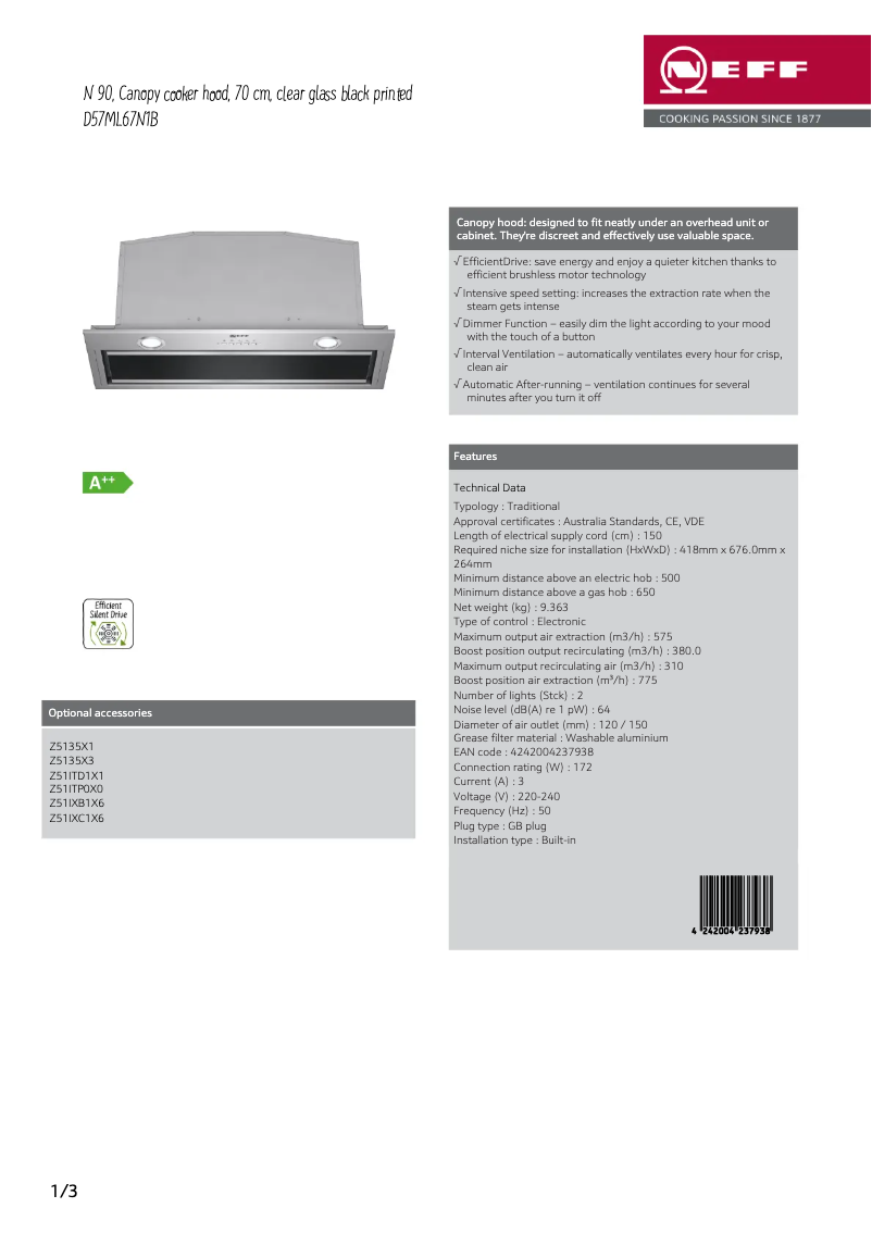 Page 1 of the manual Technical Sheet Neff D57ML67N1B