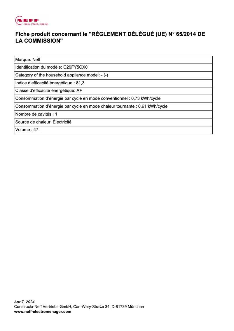 Page 1 of the manual Energy Label Neff C29FY5CX0