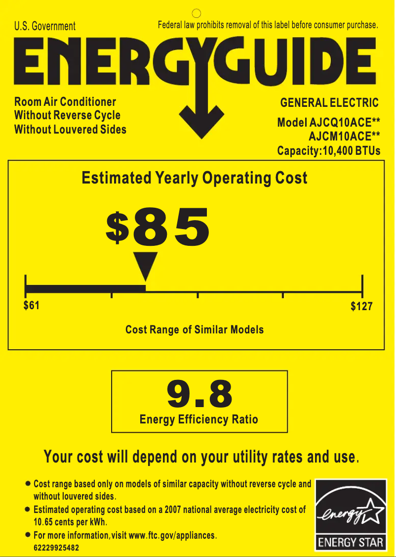 Page 1 of the manual Energy Label GE AJCQ10ACE