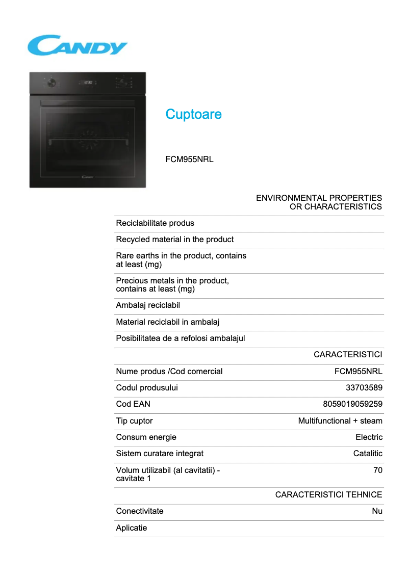 Page 1 of the manual Technical Sheet Candy FCM955NRL