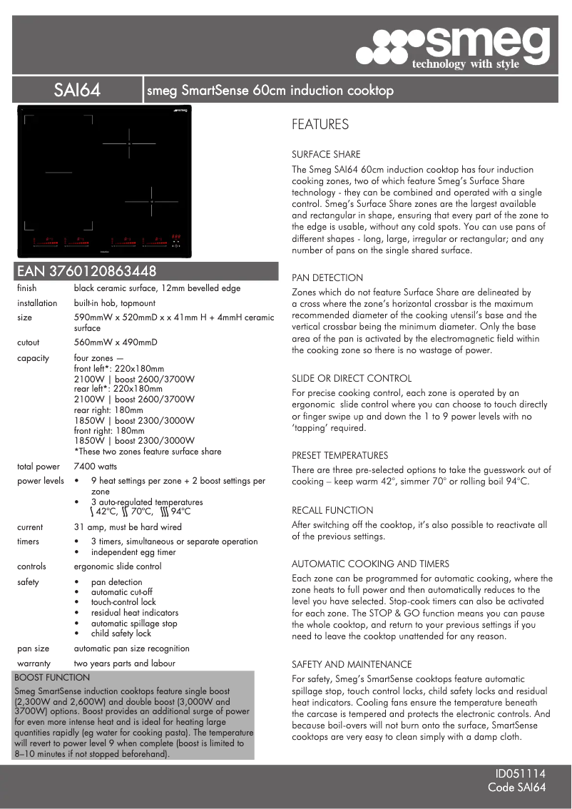 Page 1 of the manual Technical Sheet Smeg SAI64