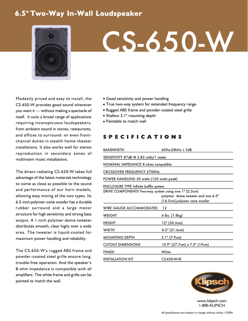 Page 1 of the manual Technical Sheet Klipsch CS-650-W