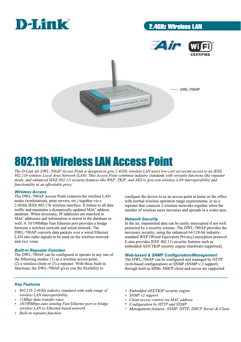 Page 1 of the manual Technical Sheet D-Link DWL-700AP