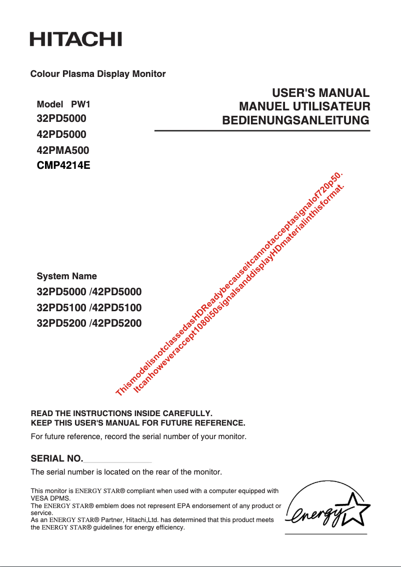 Page 1 of the manual User Manual Hitachi 42PD5100