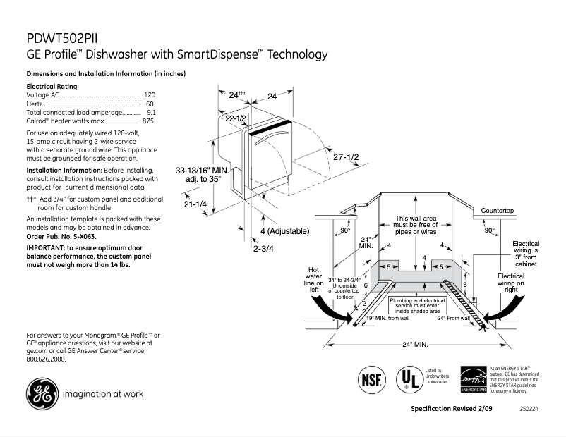 Page 1 of the manual Technical Sheet GE Profile PDWT502PII