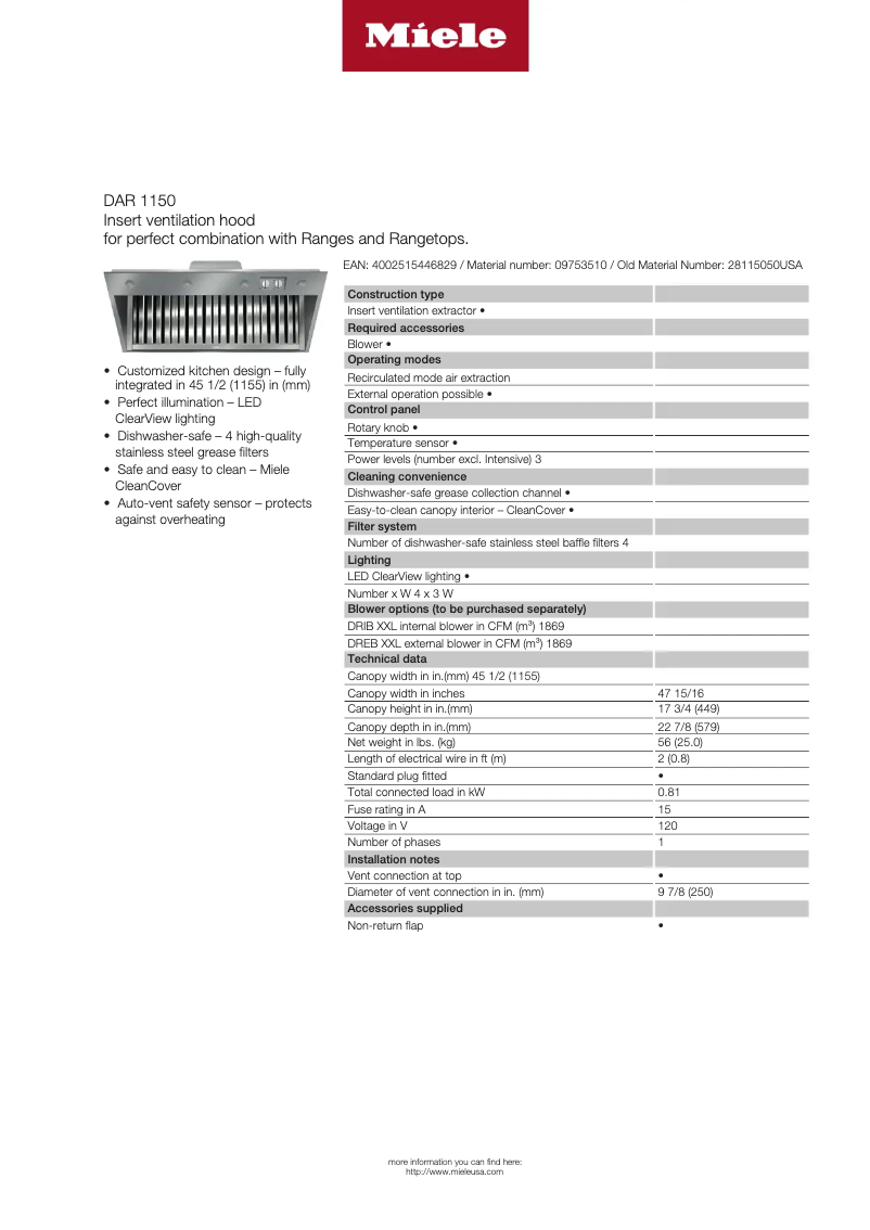 Page 1 of the manual Technical Sheet Miele DAR 1150