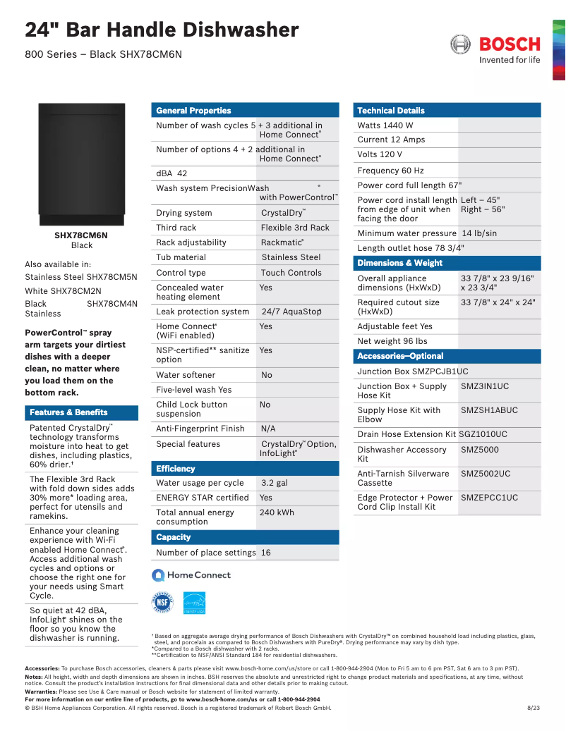 Page 1 of the manual Technical Sheet Bosch SHX78CM6N