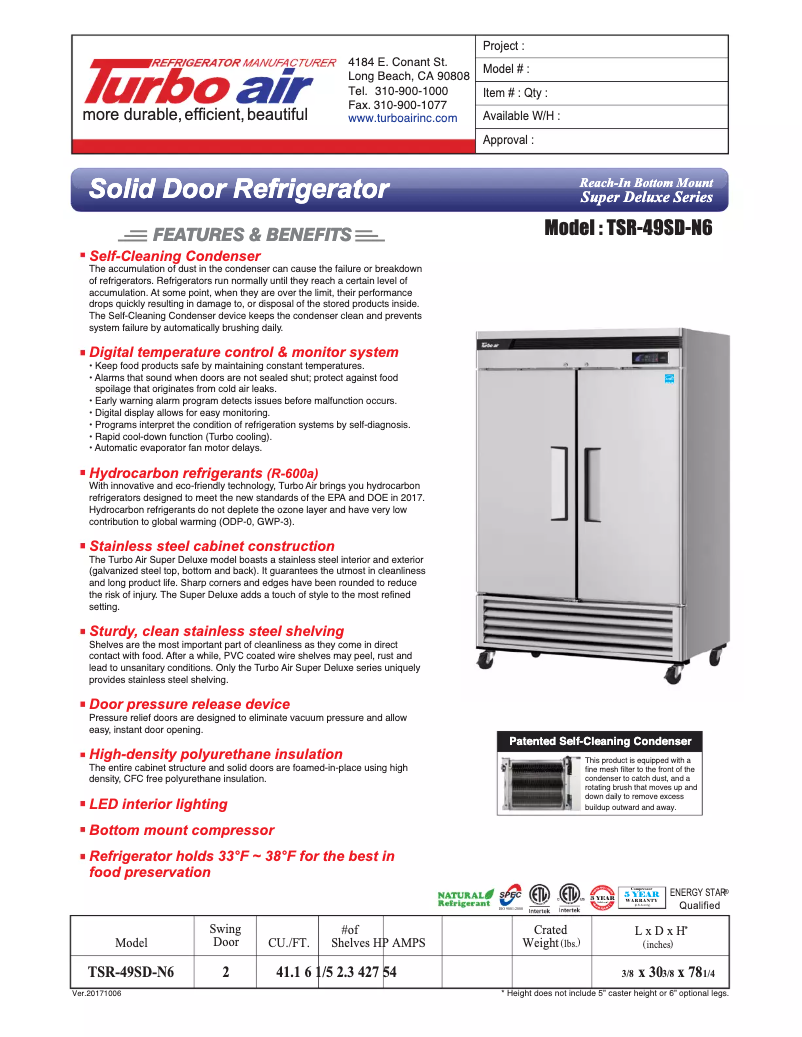 Page 1 of the manual Technical Sheet Turbo air TSR-49SD
