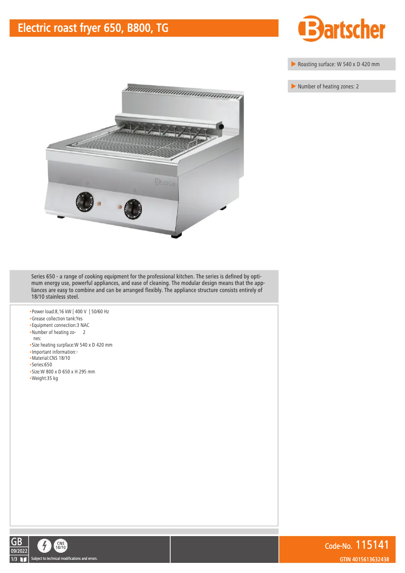 Page 1 of the manual Technical Sheet Bartscher 115141