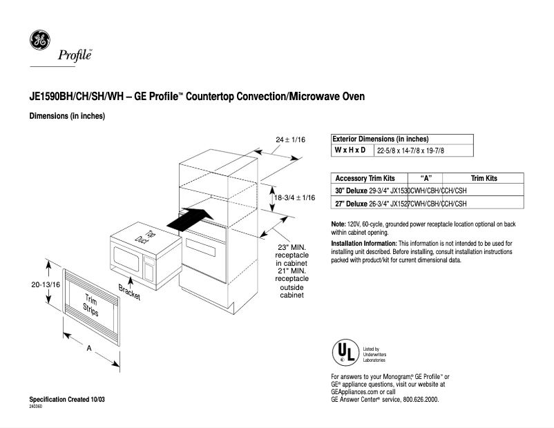 Page 1 of the manual Technical Sheet GE Profile JE1590CH