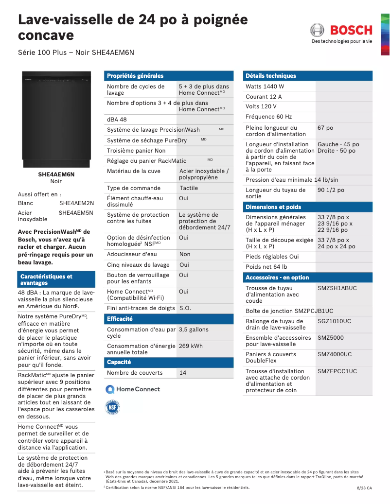 Page 1 of the manual Technical Sheet Bosch SHE4AEM6N