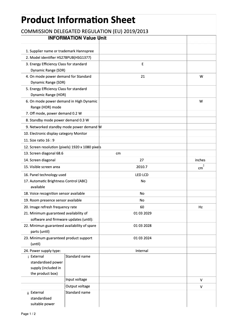 First page image of the manual for HS 278 PUB
