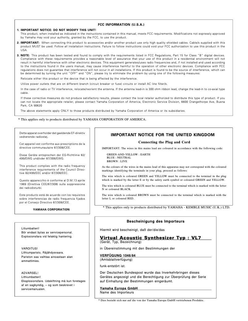 Page 1 of the manual User Manual Yamaha VL7