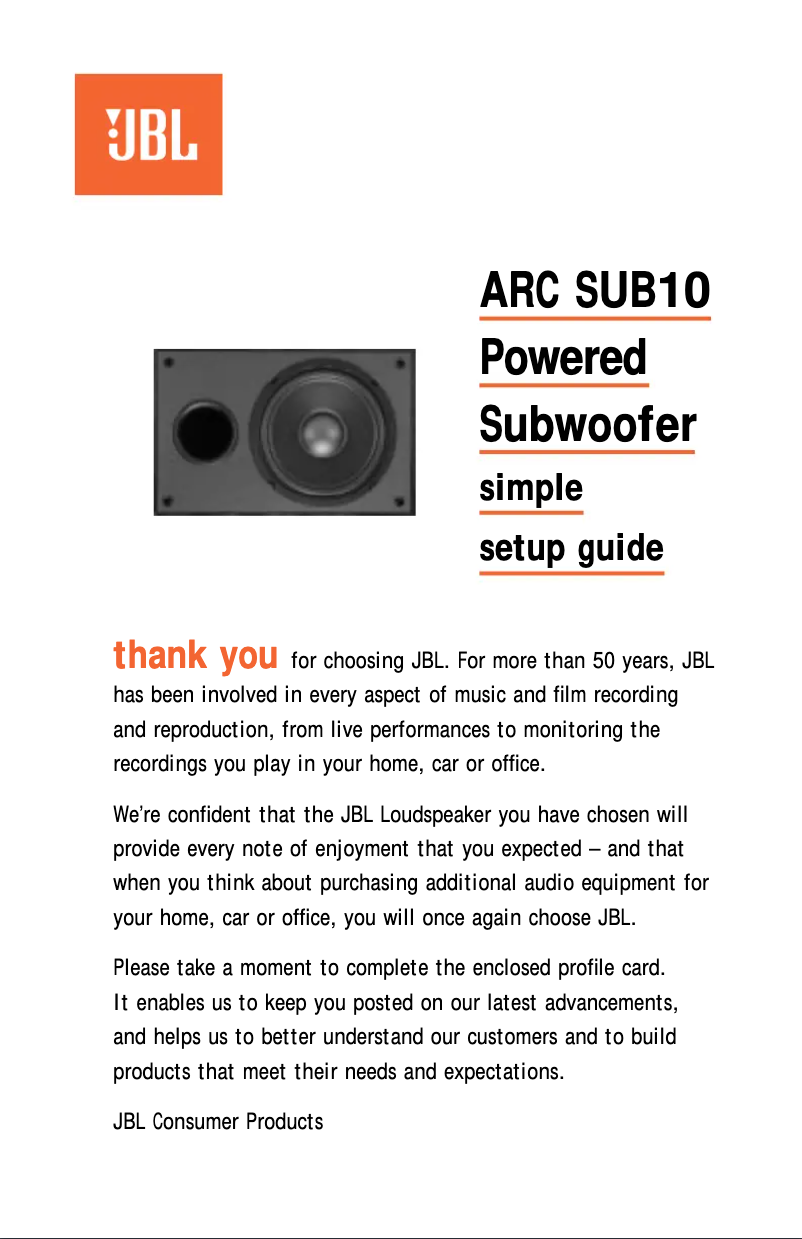 First page image of the manual for ARC SUB10