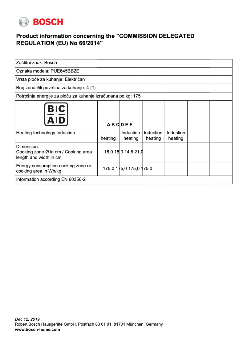 Page 1 of the manual Technical Sheet Bosch PUE645BB2E