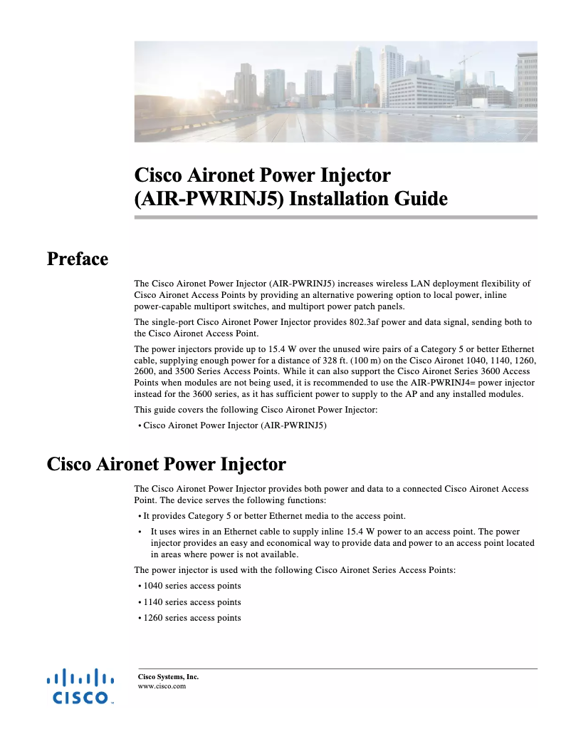 First page image of the manual for Aironet Power Injector