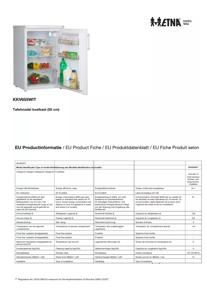 Page 1 of the manual Technical Sheet Etna KKV655WIT