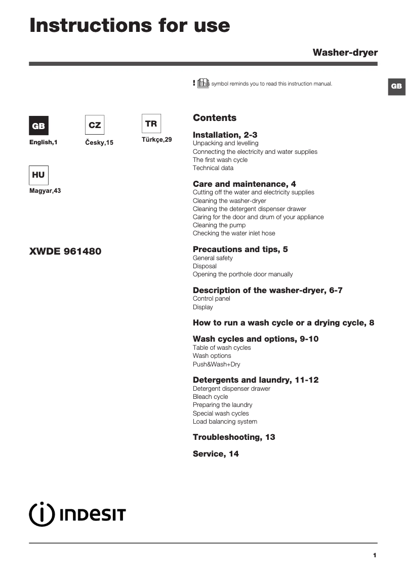 First page image of the manual for XWDE 961480X WKKC EU