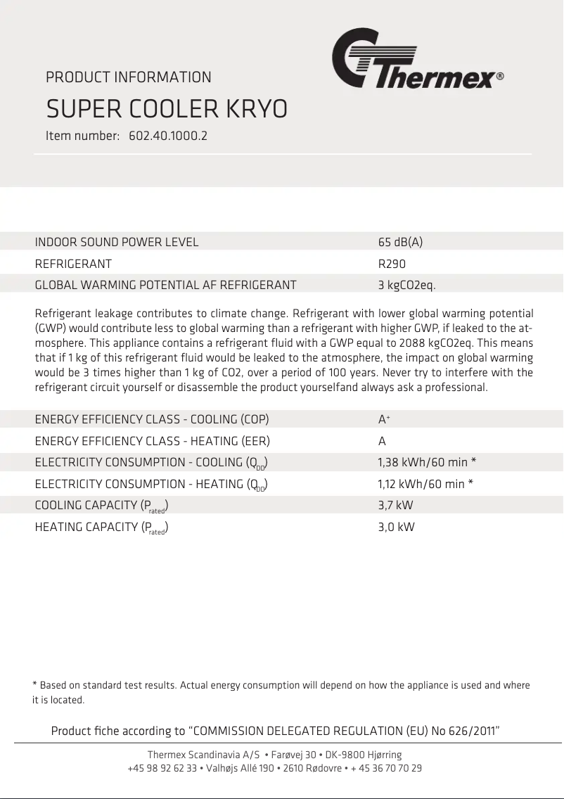 Page 1 of the manual Technical Sheet Thermex Super Cooler Cryo
