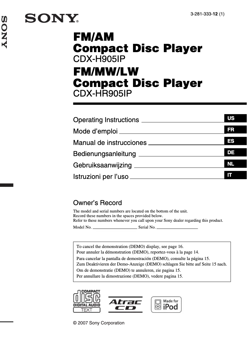 Page 1 of the manual Instruction Manual Sony CDX-H905IP