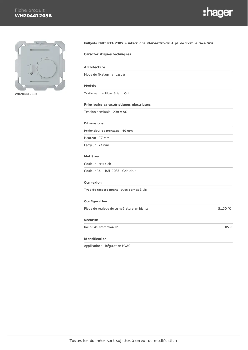 Page 1 of the manual Technical Sheet Hager WH20441203B