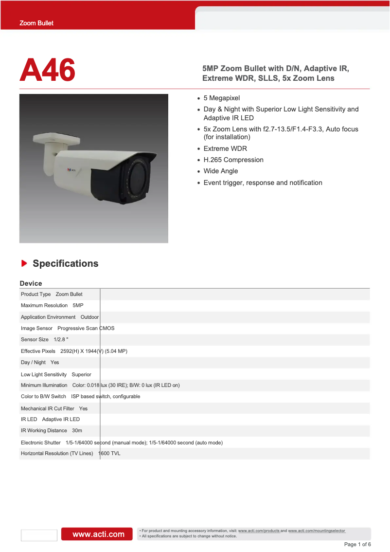 Page 1 of the manual Technical Sheet ACTi A46