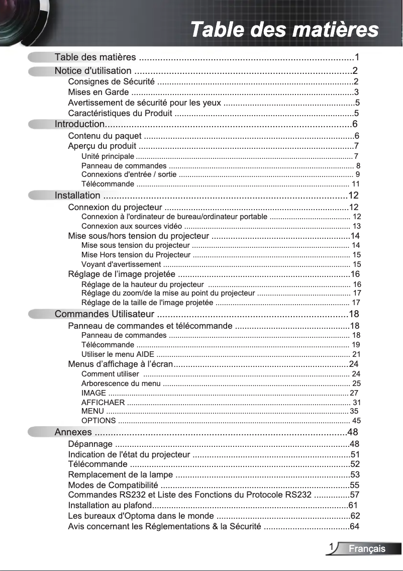 Page 1 of the manual User Manual Optoma EW615