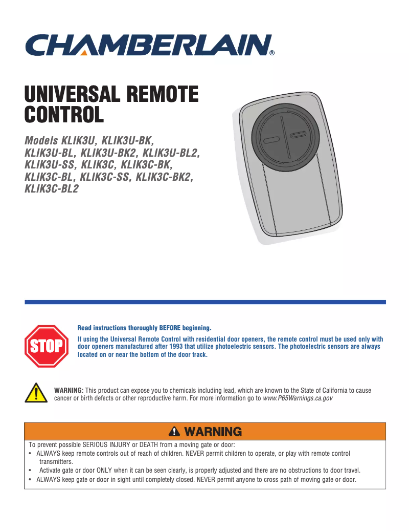 Page 1 de la notice Manuel utilisateur Chamberlain KLIK3U-BL2