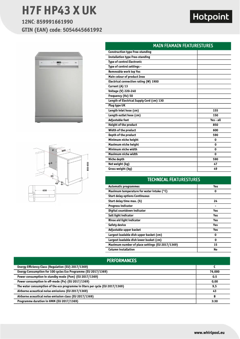 First page image of the manual for H7F HP43 X UK
