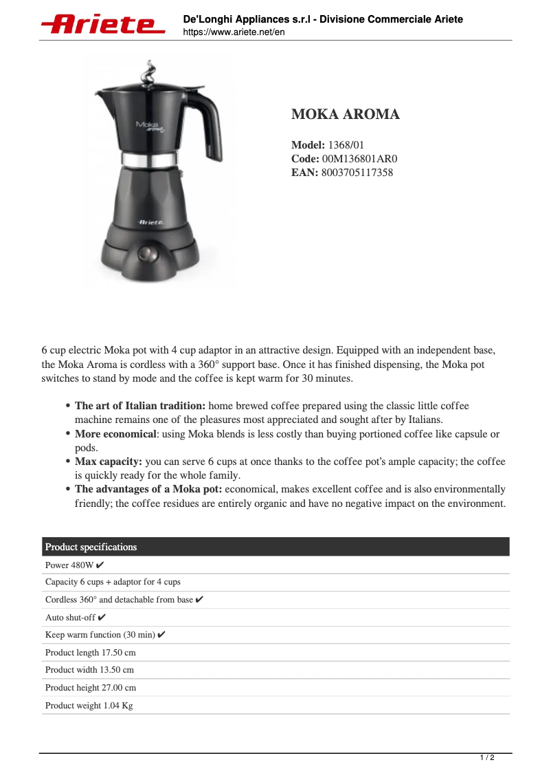First page image of the manual for Moka Aroma 1368