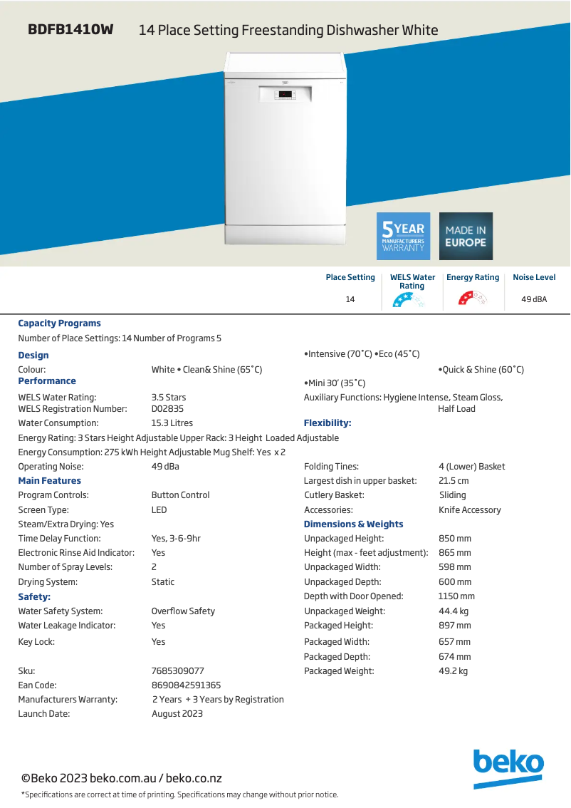 First page image of the manual for BDFB1410W